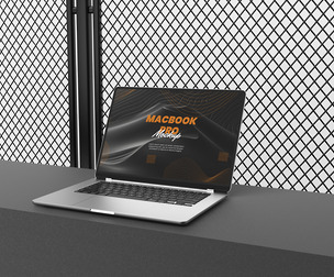 Sleek Laptop Workspace Mockup PSD Template, Modern Grid Background, Laptop Scene