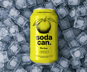 Soda Can on Ice Mockup PSD Template — Refreshing Beverage Packaging, Drink Labels & Branding