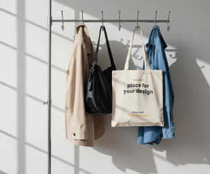 Tote Shopping Square Bag Hang with Clothes Mockup PSD Template