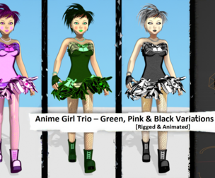 Anime Girl Trio – Green, Pink & Black Variations (Rigged & Animated)