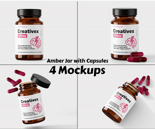 Realistic Amber Jar with Capsules Mockup PSD Template for Supplement & Vitamin Packaging