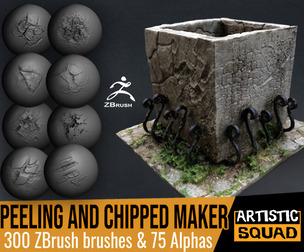 Peeling and Chipped Maker 300 ZBrush brushes and 75 alphas