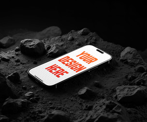 Realistic iPhone 16 Pro Mockup PSD Template on a Gritty Rock