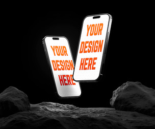 Dynamic Floating iPhone 16 Pro Mockup PSD: Two Phones, Rocky Background