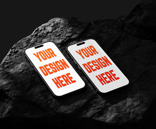 Bold Dual iPhone 16 Pro Mockup PSD: A Rugged and Realistic Display on a Raw Rock Backdrop