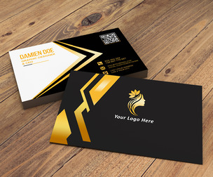 Elegant Gold, Black Business Card, Mockup PSD Template, Wooden Table