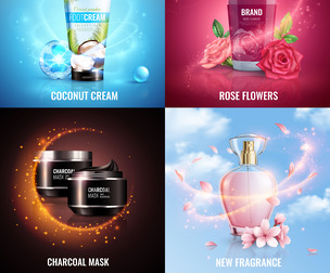 Beauty & Skincare Cosmetics Products, Coconut Cream, Rose Flowers, Charcoal Mask, Perfume