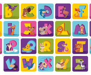 Cartoon Alphabet, Cute Animals, Kids Letters, Cartoon Animals, Vector EPS