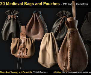 20 Medieval Bags & Pouches-OBJ-4K Textures
