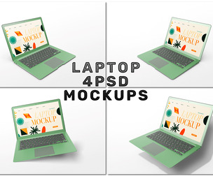 Green Laptop Mockup PSD Template - 4-View Collection