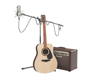 Acoustic Guitar and Combo Marshall studio microphone on stand