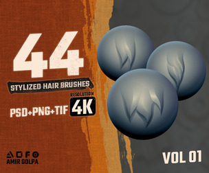 44 Stylized Hair Brushes Pack – Strands, Locks & Fibers for Character Design, Concept Art