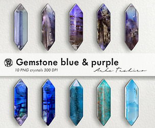 Purple Blue Gemstone Crystal PNG Set Mixed Quartz Clipart Realistic Stones 300 DPI Instant Download