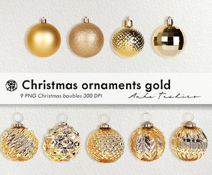 Christmas Ornaments Golden Set PNG clipart 300 DPI Printable Instant Download