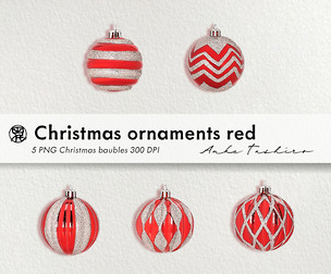 Christmas Ornaments Red White Set PNG clipart 300 DPI Printable Instant Download