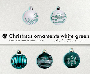 Christmas Ornaments White GreenSet PNG clipart 300 DPI Printable Instant Download
