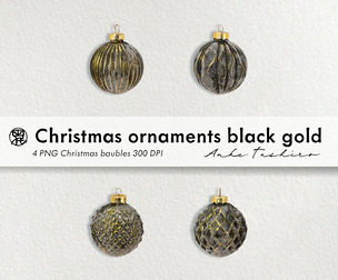 Christmas Ornaments Black Gold Set PNG clipart 300 DPI Printable Instant Download