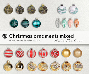 Mixed Christmas Ornaments Pack PNG Set clipart 300 DPI Printable Instant Download