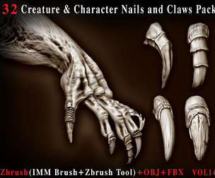32 Creature & Character Nails & Claws IMM Brush Pack – ZBrush Tool + OBJ + FBX – Vol 14