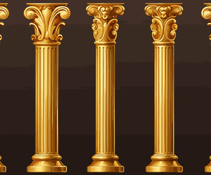 5 Golden Corinthian Columns, Elegant Classical Architectural Columns, Pillars Illustration, EPS File