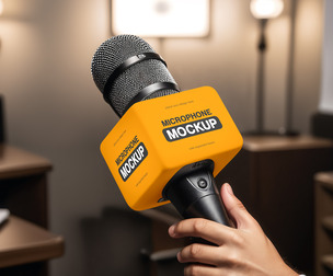 Query Handheld Microphone Cube Mockup PSD Template - News & Podcasting