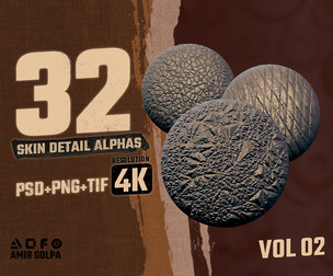 Skin Detail Alpha Pack Vol.02 – 32 Tileable 4K Alphas (PSD, PNG, TIF)