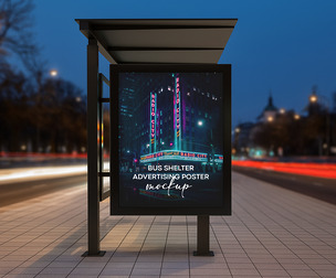 Night Bus Shelter Poster Mockup PSD Template - Urban Advertising