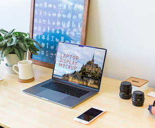 Laptop MacBook Screen Mockup PSD Template - Desk Environment