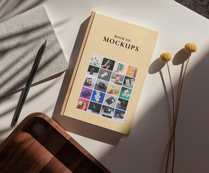 Hardcover Book Title Mockup PSD Template - Minimalist Sunlight Flat Lay