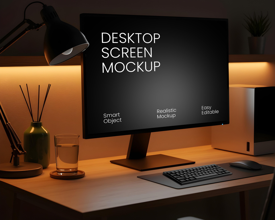 Desktop Monitor Screen Mockup PSD Template - Night Office Setup