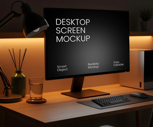 Desktop Monitor Screen Mockup PSD Template - Night Office Setup