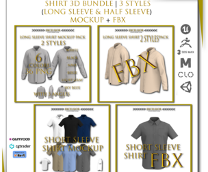 Shirt 3D Bundle 3 Styles Long Sleeve Half Sleeve Mockup FBX 3D model