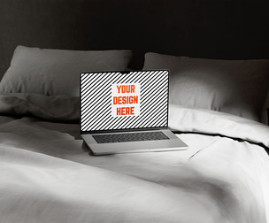Minimal Aesthetic Macbook Mockup PSD Template - Laptop on Bed
