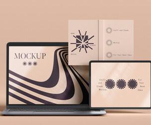 Laptop, Tablet & Book Mockup PSD Template - Multi-Screen Display