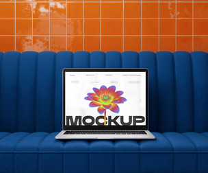 Modern Laptop on Blue Sofa Mockup PSD Template - Colorful Scene