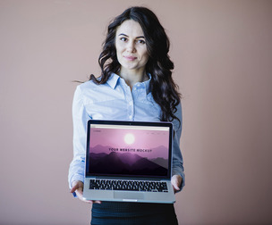 Stylish Business Woman Holding Laptop Mockup PSD Template