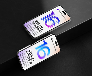 Dual iPhone 16 Pro Mockup PSD Template - Dark Angled Display