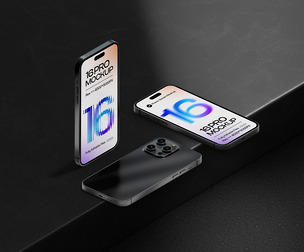 Multi-View iPhone 16 Pro Mockup PSD Template - Angled Dark Scene