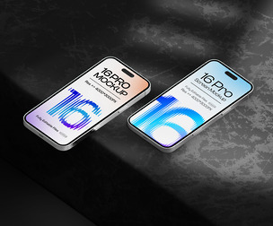 Dual Angled iPhone 16 Pro Mockup PSD Template - Dark Surface Display