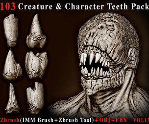 103 Creature & Character Teeth IMM Brush Pack – ZBrush Tool + OBJ + FBX – Vol 15
