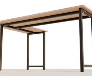 3D model of an L-shaped wooden table with metal legs