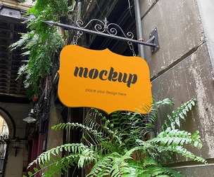 Vintage Cafe Sign Logo Mockup PSD Template - Outdoor Hanging