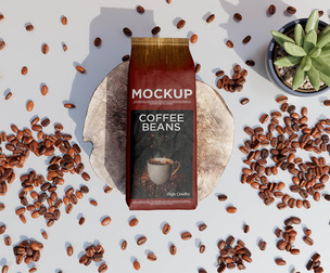 Coffee Pouch Packaging Mockup PSD Template - Top View Scene