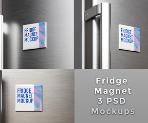 3 Fridge Magnet Mockup PSD Template - Brushed Metal Display