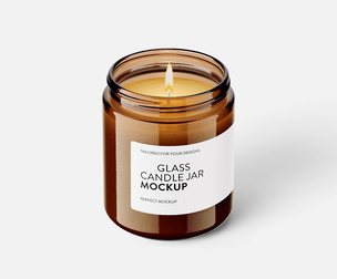 Amber Glass Candle Jar Mockup PSD Template - Burning Wick View