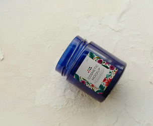 Blue Glass Cosmetic Jar Mockup PSD Template - Textured Background