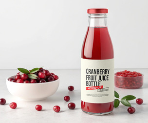 Glass Bottle with Cranberry Juice Mockup PSD Template - Food and Beverage