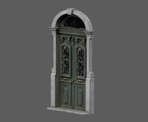 Green Wooden Door With Metallic Ornament On Windows