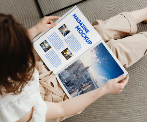 Open Magazine Mockup PSD Template - Woman Reading Flat Lay