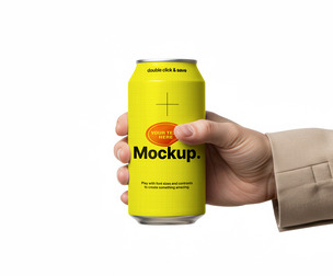 Soda Can in Hand Mockup PSD Template - Yellow Beverage Branding